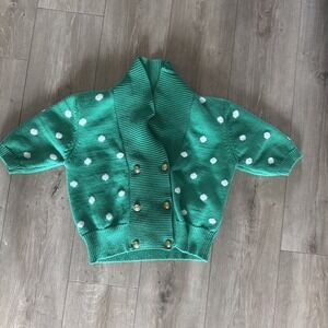 Susan Bristol 1992 Vintage Green &‎ White Polka Dot Cardigan Sweater Size Small